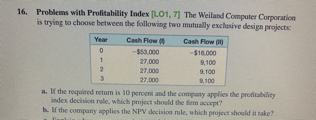 16. Problems with Profitability Index [LO1, 7] The Weiland Computer Corporation
is trying to choose between the following two mutually exclusive design projects:
Year
Cash Flow (1)
Cash Flow (II)
-$53,000
27,000
-$16,000
9,100
9,100
1
2.
27,000
3
27,000
9.100
a. If the required return is 10 percent and the company applies the profitability
index decision rule, which project should the firm accept?
b. If the company applies the NPV decision rule, which project should it take?
