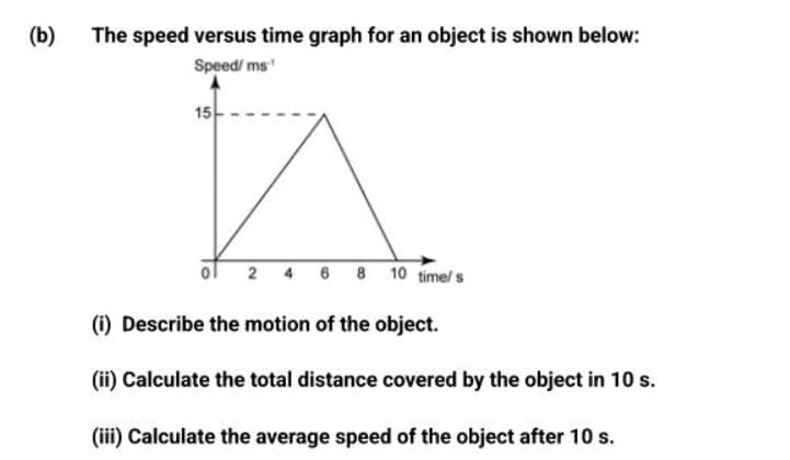 (b)
The speed versus time graph for an object is shown below:
Speed/ ms
15
2
8 10 timel s
(i) Describe the motion of the object.
(ii) Calculate the total distance covered by the object in 10 s.
(iii) Calculate the average speed of the object after 10 s.
