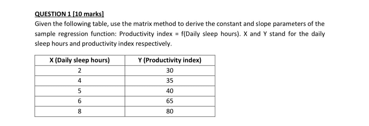 QUESTION 1 [10 marks]
Given the following table, use the matrix method to derive the constant and slope parameters of the
sample regression function: Productivity index = f(Daily sleep hours). X and Y stand for the daily
sleep hours and productivity index respectively.
X (Daily sleep hours)
Y (Productivity index)
30
4
35
5
40
6
65
8.
80
