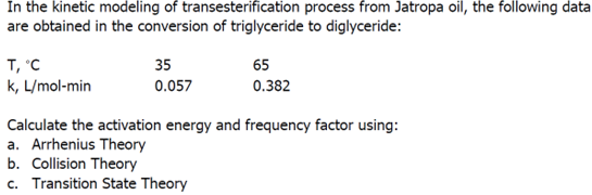 In the kinetic modeling of transesterification process from Jatropa oil, the following data
are obtained in the conversion of triglyceride to diglyceride:
T, °C
k, L/mol-min
35
0.057
65
0.382
Calculate the activation energy and frequency factor using:
a. Arrhenius Theory
b. Collision Theory
c. Transition State Theory