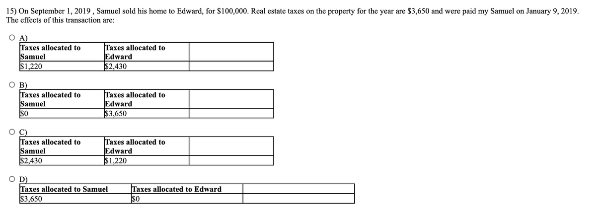 15) On September 1, 2019, Samuel sold his home to Edward, for $100,000. Real estate taxes on the property for the year are $3,650 and were paid my Samuel on January 9, 2019.
The effects of this transaction are:
O A)
Taxes allocated to
Samuel
$1,220
O B)
Taxes allocated to
Samuel
$0
C)
Taxes allocated to
Samuel
$2,430
O D)
Taxes allocated to
Edward
$2,430
Taxes allocated to
Edward
$3,650
Taxes allocated to
Edward
$1,220
Taxes allocated to Samuel
$3,650
Taxes allocated to Edward
$0