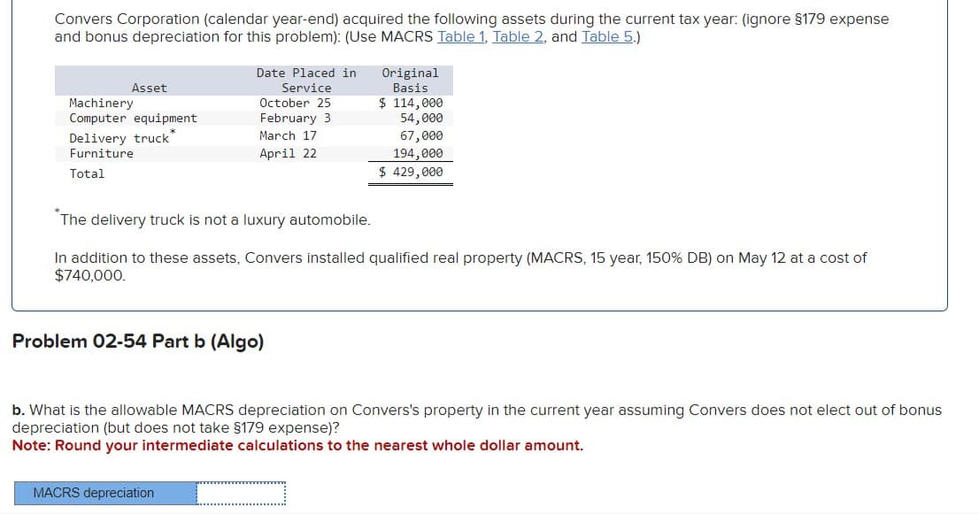 Convers Corporation (calendar year-end) acquired the following assets during the current tax year: (ignore §179 expense
and bonus depreciation for this problem): (Use MACRS Table 1, Table 2, and Table 5.)
Asset
Machinery
Computer equipment
Delivery truck
Furniture
Total
Date Placed in
Service
October 25
February 3
March 17
April 22
Problem 02-54 Part b (Algo)
MACRS depreciation
Original
Basis
The delivery truck is not a luxury automobile.
In addition to these assets, Convers installed qualified real property (MACRS, 15 year, 150% DB) on May 12 at a cost of
$740,000.
$ 114,000
54,000
67,000
194,000
$ 429,000
b. What is the allowable MACRS depreciation on Convers's property in the current year assuming Convers does not elect out of bonus
depreciation (but does not take §179 expense)?
Note: Round your intermediate calculations to the nearest whole dollar amount.