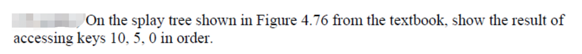 On the splay tree shown in Figure 4.76 from the textbook, show the result of
accessing keys 10, 5, 0 in order.