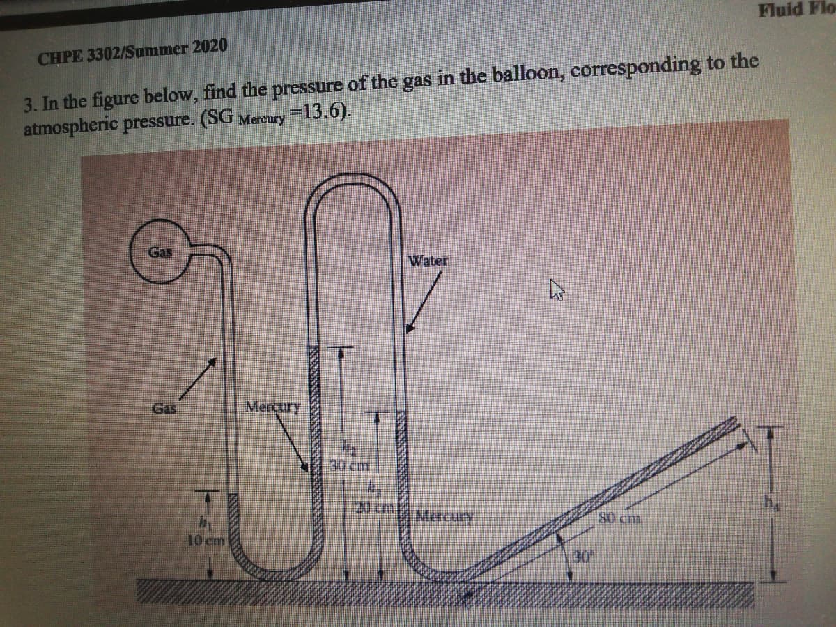 Fluid Flo
3. In the figure below, find the pressure of the gas in the balloon, corresponding to the
atmospheric pressure. (SG Mercury =13.6).
CHPE 3302/Summer 2020
%3D
Gas
Water
Gas
Merçury
30cm
20 cm
Mercury
80 cm
10 cm
30
