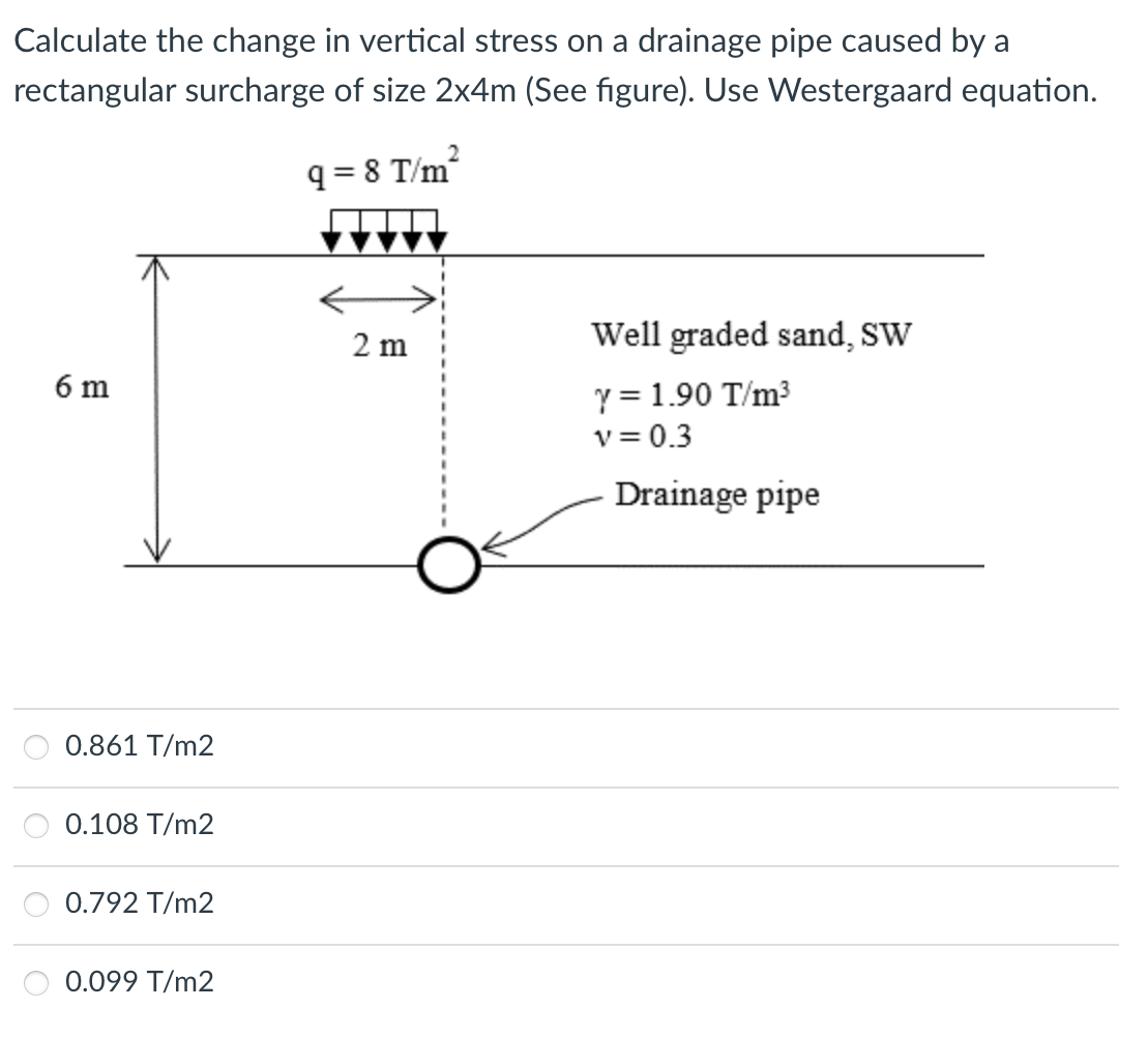 Calculate the change in vertical stress on a drainage pipe caused by a
rectangular surcharge of size 2x4m (See figure). Use Westergaard equation.
q = 8 T/m?
2 m
Well graded sand, SW
6 m
Y = 1.90 T/m3
v = 0.3
Drainage pipe
0.861 T/m2
0.108 T/m2
0.792 T/m2
0.099 T/m2
