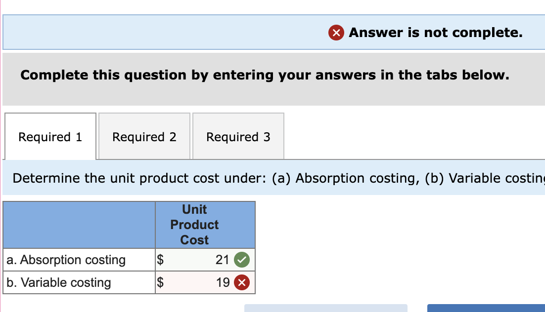 Complete this question by entering your answers in the tabs below.
Required 1 Required 2
a. Absorption costing
b. Variable costing
Required 3
Determine the unit product cost under: (a) Absorption costing, (b) Variable costing
$
$
X Answer is not complete.
Unit
Product
Cost
21
19