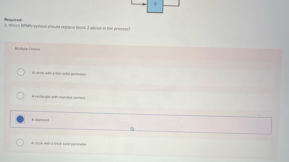 Required:
3. Which BPMN symbol should replace block 2 above in the process?
Multiple Choice
A circle with a thin solid perimeter
A rectangle with rounded corners
A diamond
A circle with a thick solid perimeter