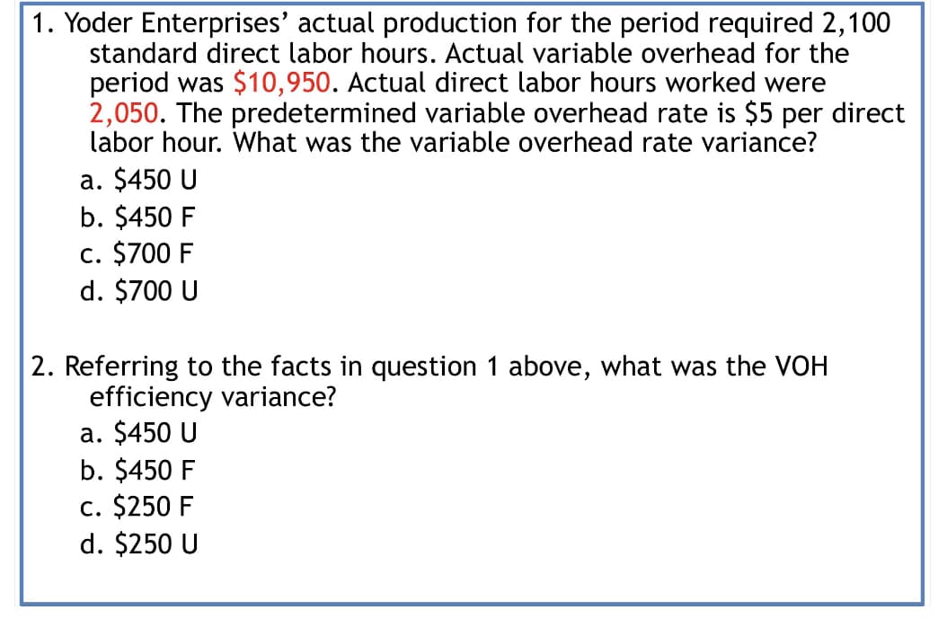 1. Yoder Enterprises' actual production for the period required 2, 100
standard direct labor hours. Actual variable overhead for the
period was $10,950. Actual direct labor hours worked were
2,050. The predetermined variable overhead rate is $5 per direct
labor hour. What was the variable overhead rate variance?
a. $450 U
b. $450 F
c. $700 F
d. $700 U
2. Referring to the facts in question 1 above, what was the VOH
efficiency variance?
a. $450 U
b. $450 F
c. $250 F
d. $250 U