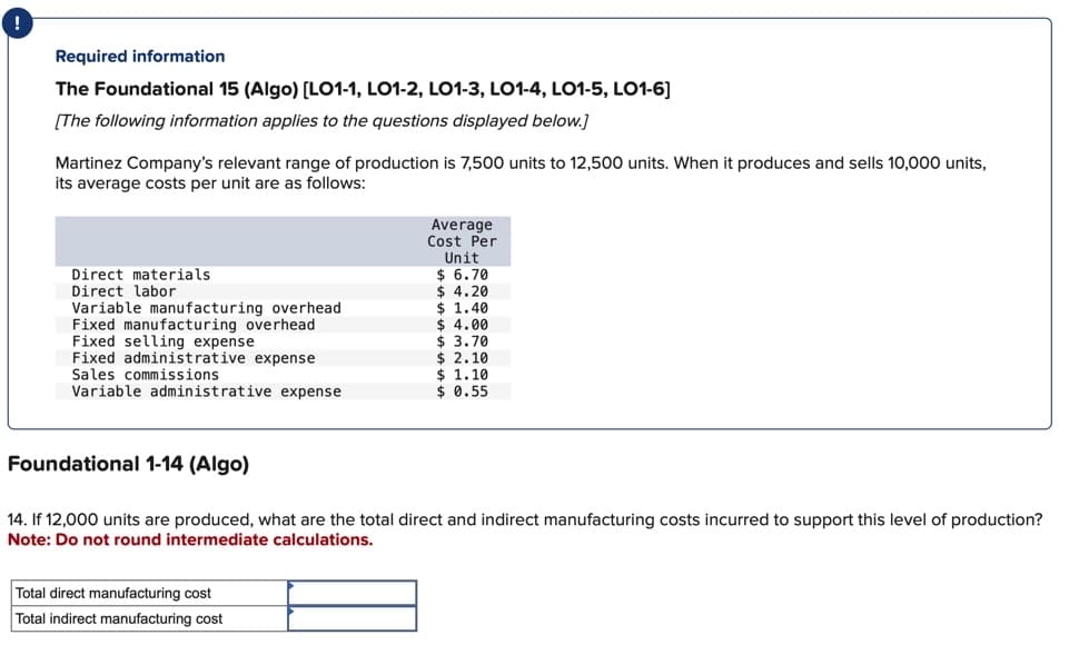 Required information
The Foundational 15 (Algo) [LO1-1, LO1-2, LO1-3, LO1-4, LO1-5, LO1-6]
[The following information applies to the questions displayed below.]
Martinez Company's relevant range of production is 7,500 units to 12,500 units. When it produces and sells 10,000 units,
its average costs per unit are as follows:
Direct materials
Direct labor
Variable manufacturing overhead
Fixed manufacturing overhead
Fixed selling expense
Fixed administrative expense
Sales commissions.
Variable administrative expense
Average
Cost Per
Unit
$ 6.70
$ 4.20
Total direct manufacturing cost
Total indirect manufacturing cost
$ 1.40
$ 4.00
$ 3.70
$ 2.10
$ 1.10
$ 0.55
Foundational 1-14 (Algo)
14. If 12,000 units are produced, what are the total direct and indirect manufacturing costs incurred to support this level of production?
Note: Do not round intermediate calculations.