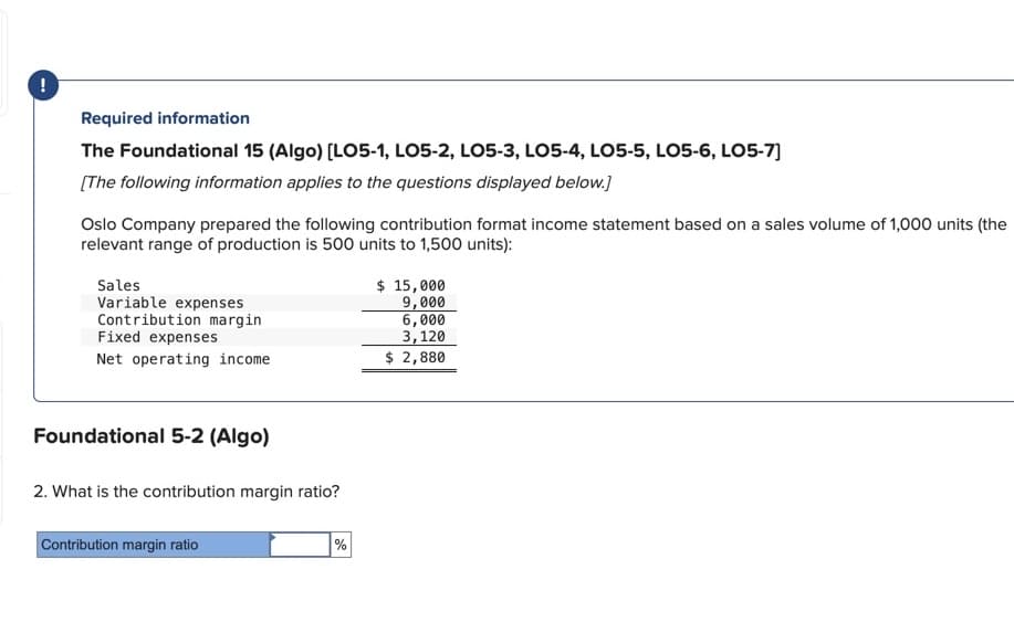 !
Required information
The Foundational 15 (Algo) [LO5-1, LO5-2, LO5-3, LO5-4, LO5-5, LO5-6, LO5-7]
[The following information applies to the questions displayed below.]
Oslo Company prepared the following contribution format income statement based on a sales volume of 1,000 units (the
relevant range of production is 500 units to 1,500 units):
Sales
Variable expenses
Contribution margin
Fixed expenses
Net operating income
Foundational 5-2 (Algo)
2. What is the contribution margin ratio?
Contribution margin ratio
%
$ 15,000
9,000
6,000
3,120
$ 2,880