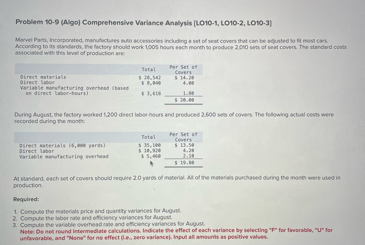 Problem 10-9 (Algo) Comprehensive Variance Analysis [LO10-1, LO10-2, LO10-3]
Marvel Parts, Incorporated, manufactures auto accessories including a set of seat covers that can be adjusted to fit most cars.
According to its standards, the factory should work 1,005 hours each month to produce 2,010 sets of seat covers. The standard costs
associated with this level of production are:
Direct materials
Direct labor
Variable manufacturing overhead (based
on direct labor-hours)
Total
$28,542
$ 8,040
$ 3,618
Direct materials (6,000 yards)
Direct labor
Variable manufacturing overhead
Per Set of
Covers
$14.20
4.00
During August, the factory worked 1,200 direct labor-hours and produced 2,600 sets of covers. The following actual costs were
recorded during the month:
Total
$ 35, 100
$ 10,920
$ 5,460
4
1.80
$ 20.00
Per Set of
Covers
$13.50
4.20
2.10
$19.80
At standard, each set of covers should require 2.0 yards of material. All of the materials purchased during the month were used in
production.
Required:
1. Compute the materials price and quantity variances for August.
2. Compute the labor rate and efficiency variances for August.
3. Compute the variable overhead rate and efficiency variances for August.
Note: Do not round intermediate calculations. Indicate the effect of each variance by selecting "F" for favorable, "U" for
unfavorable, and "None" for no effect (i.e., zero variance). Input all amounts as positive values.