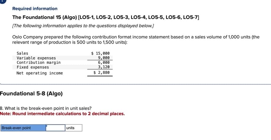 Required information
The Foundational 15 (Algo) [LO5-1, LO5-2, LO5-3, LO5-4, LO5-5, LO5-6, LO5-7]
[The following information applies to the questions displayed below.]
Oslo Company prepared the following contribution format income statement based on a sales volume of 1,000 units (the
relevant range of production is 500 units to 1,500 units):
Sales
Variable expenses
Contribution margin
Fixed expenses
Net operating income
Foundational 5-8 (Algo)
8. What is the break-even point in unit sales?
Note: Round intermediate calculations to 2 decimal places.
Break-even point
$ 15,000
9,000
6,000
3,120
$ 2,880
units
