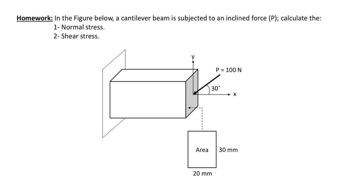 Homework: In the Figure below, a cantilever beam is subjected to an inclined force (P); calculate the:
1- Normal stress.
2- Shear stress.
y
P = 100 N
30°
X
Area
30 mm
20 mm
