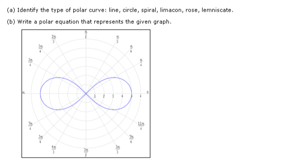 (a) Identify the type of polar curve: line, circle, spiral, limacon, rose, lemniscate.
(b) Write a polar equation that represents the given graph.
-
+
Al
11
Al-