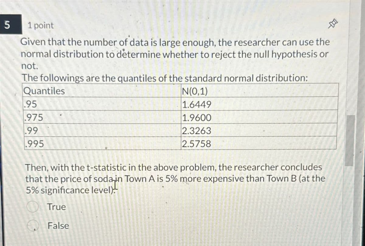 5
1 point
D
Given that the number of data is large enough, the researcher can use the
normal distribution to determine whether to reject the null hypothesis or
not.
The followings are the quantiles of the standard normal distribution:
Quantiles
.95
.975
.99
.995
N(0,1)
1.6449
1.9600
2.3263
2.5758
Then, with the t-statistic in the above problem, the researcher concludes
that the price of soda in Town A is 5% more expensive than Town B (at the
5% significance level).
True
False