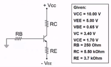 + Vcc
Given:
vCC = 10.00 V
VEE = 5.00 V
RC
VBE = 0.65 V
RB
ww
vC = 3.40 V
VCE = 1.70 V
RB = 250 Ohm
RE
RC = 5.50 kOhm
RE = 3.7 kOhm
- VEE
