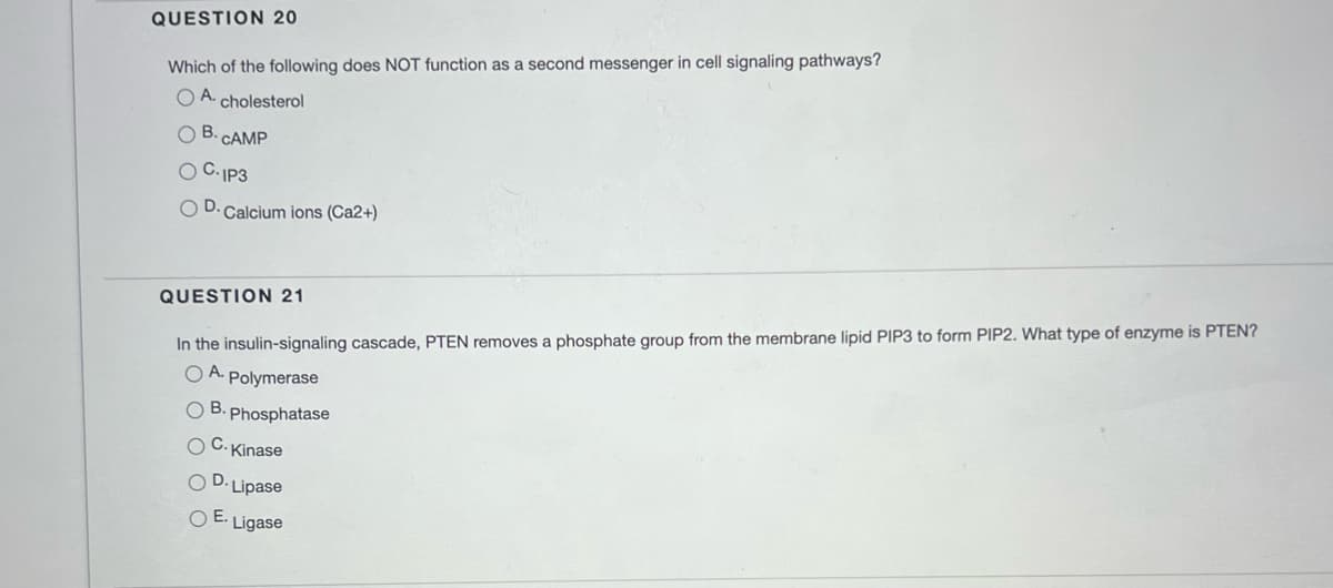 QUESTION 20
Which of the following does NOT function as a second messenger in cell signaling pathways?
OA cholesterol
OB. CAMP
OC-IP3
OD. Calcium ions (Ca2+)
QUESTION 21
In the insulin-signaling cascade, PTEN removes a phosphate group from the membrane lipid PIP3 to form PIP2. What type of enzyme is PTEN?
OA. Polymerase
OB. Phosphatase
C. Kinase
D. Lipase
O O
OE. Ligase