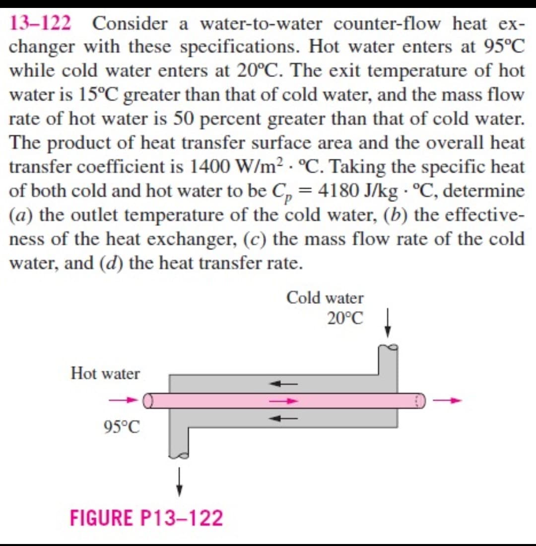 13-122 Consider a water-to-water counter-flow heat ex-
changer with these specifications. Hot water enters at 95°C
while cold water enters at 20°C. The exit temperature of hot
water is 15°C greater than that of cold water, and the mass flow
rate of hot water is 50 percent greater than that of cold water.
The product of heat transfer surface area and the overall heat
transfer coefficient is 1400 W/m² . °C. Taking the specific heat
of both cold and hot water to be C, = 4180 J/kg °C, determine
(a) the outlet temperature of the cold water, (b) the effective-
ness of the heat exchanger, (c) the mass flow rate of the cold
water, and (d) the heat transfer rate.
Cold water
20°C
Hot water
95°C
FIGURE P13-122
