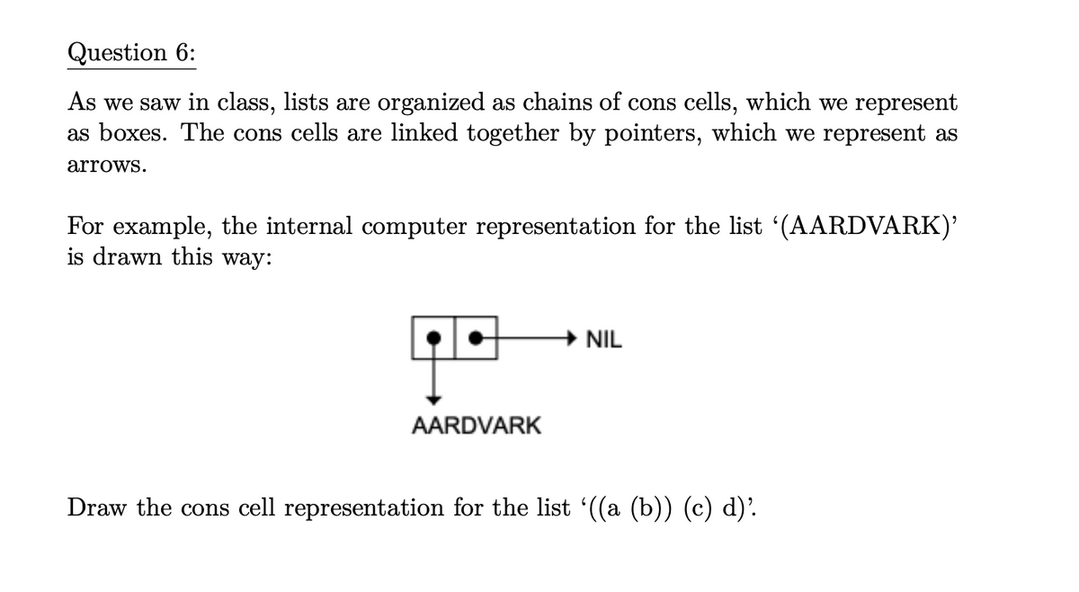 Question 6:
As we saw in class, lists are organized as chains of cons cells, which we represent
as boxes. The cons cells are linked together by pointers, which we represent as
arrows.
For example, the internal computer representation for the list '(AARDVARK)'
is drawn this way:
AARDVARK
NIL
Draw the cons cell representation for the list '((a (b)) (c) d)'.