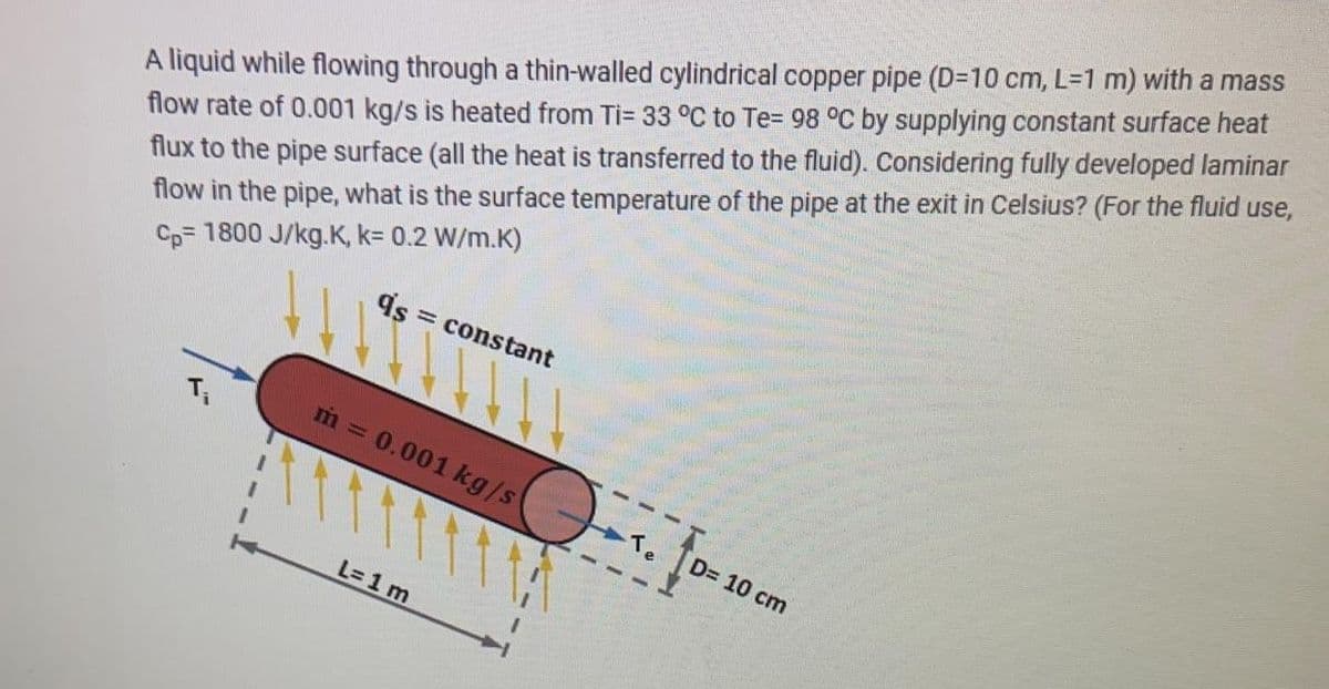A liquid while flowing through a thin-walled cylindrical copper pipe (D=10 cm, L=1 m) with a mass
flow rate of 0.001 kg/s is heated from Ti= 33 °C to Te= 98 °C by supplying constant surface heat
flux to the pipe surface (all the heat is transferred to the fluid). Considering fully developed laminar
flow in the pipe, what is the surface temperature of the pipe at the exit in Celsius? (For the fluid use,
Cp 1800 J/kg.K, k= 0.2 W/m.K)
= constant
117111
q's
m = 0.001 kg/s
111
L=1m
D= 10 cm