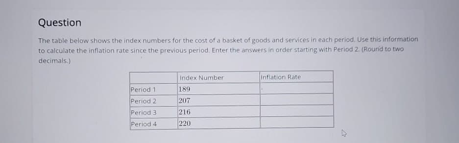 Question
The table below shows the index numbers for the cost of a basket of goods and services in each period. Use this information
to calculate the inflation rate since the previous period. Enter the answers in order starting with Period 2. (Round to two
decimals.)
Index Number
Period 1
189
Period 2
207
Period 3
216
Period 4
220
Inflation Rate