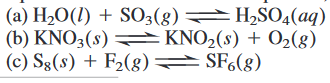 (a) H,O(1) + SO3(8)
(b) KNO3(s) = KNO2(s) + O2(8)
(c) S8(8) + F2(g) SF6(8)
H2SO4(aq)
