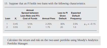 13. Suppose that an FI holds two loans with the following characteristics.
Annual
Spread between
Loan Rate and FI's
Cost of Funds
Loan X₁
0.45
0.55
1
2
5.5%
3.5
Annual Fees
2.25%
1.75
Loss to Fl Expected
Given Default
Default
Frequency
30%
20
3.5%
1.0
P12 = -0.15
Calculate the return and risk on the two-asset portfolio using Moody's Analytics
Portfolio Manager.