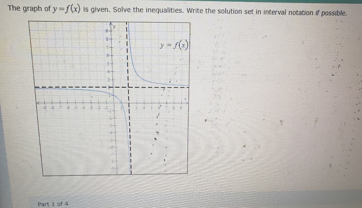 The graph of y=f(x) is given. Solve the inequalities. Write the solution set in interval notation if possible.
Q
y = f(x)
6
U
THE
U
1
S
Part 1 of 4
I
I
6
W +
HA
I
||
20
8-
#
6-
P
1
1
1
T
1
1
1
7