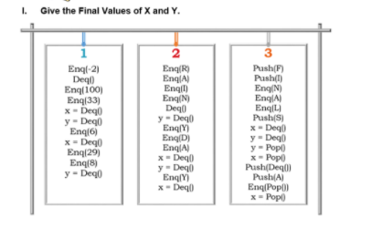 1. Give the Final Values of X and Y.
2
3
Enql-2)
Deql)
Enq(100)
Enq(33)
x- Deq)
y- Deqo
Enq(6)
x- Deq)
Enq|29)
Enq(8)
y - Deq)
Enq(R)
EnqlA)
Enql)
Eng(N)
Degl)
y- Deql)
Enq(Y)
Eng(D)
EnglA)
X- Deq)
y- Deq)
Eng(Y)
x- Deq)
Push(F)
Push(I)
Eng(N)
EnqlA)
Enq|L)
Push(S)
x- Deql)
y- Deq)
y - Popl)
x- Pop)
Push(Deq()
Push(A)
Enq(Pop))
x- Pop)
