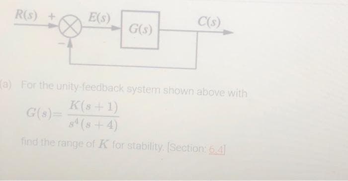 R(s) +
E(s)
G(s)
C(s)
(a) For the unity-feedback system shown above with
K(s + 1)
8¹(8+4)
find the range of K for stability. [Section: 6.4]