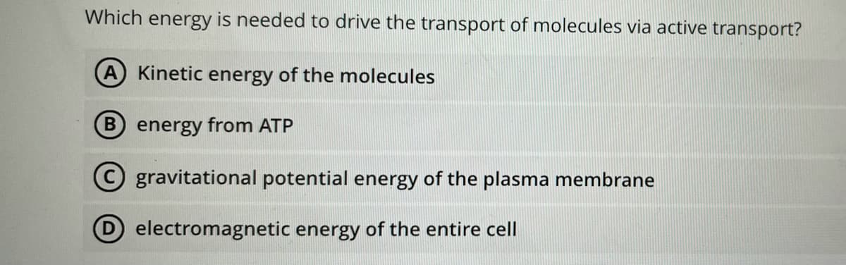 Which energy is needed to drive the transport of molecules via active transport?
A Kinetic energy of the molecules
B energy from ATP
© gravitational potential energy of the plasma membrane
D electromagnetic energy of the entire cell
