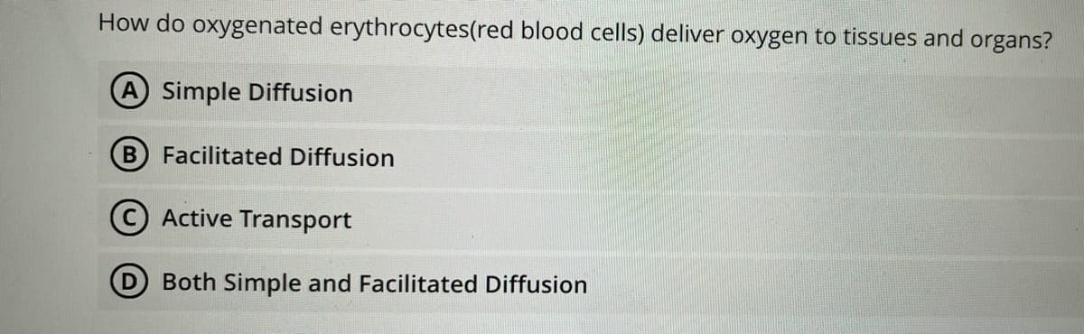 How do oxygenated erythrocytes(red blood cells) deliver oxygen to tissues and organs?
A Simple Diffusion
B
Facilitated Diffusion
© Active Transport
Both Simple and Facilitated Diffusion
