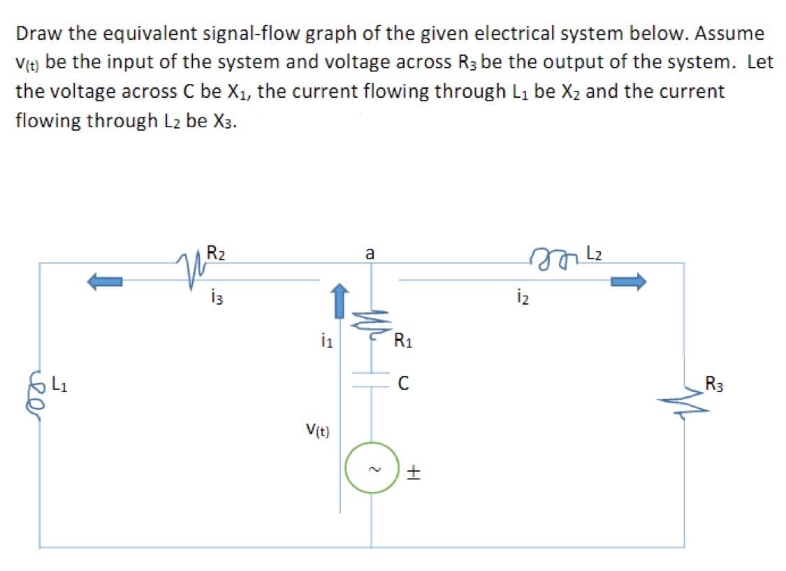 Draw the equivalent signal-flow graph of the given electrical system below. Assume
V(t) be the input of the system and voltage across R3 be the output of the system. Let
the voltage across C be X₁, the current flowing through L₁ be X₂ and the current
flowing
through L2 be X3.
R₂
a
m 42
13
ee
S
V(t)
R₁
C
O
+
R3
