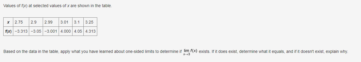 Values of f(x) at selected values of x are shown in the table.
X 2.75 2.9 2.99 3.01 3.1 3.25
f(x) -3.313 -3.05 -3.001 4.000 4.05 4.313
Based on the data in the table, apply what you have learned about one-sided limits to determine if lim f(x) exists. If it does exist, determine what it equals, and if it doesn't exist, explain why.
x→3