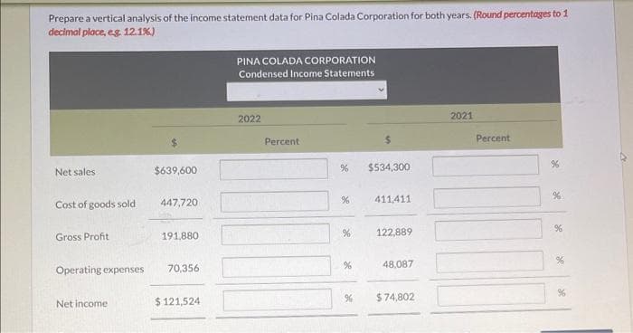 Prepare a vertical analysis of the income statement data for Pina Colada Corporation for both years. (Round percentages to 1
decimal place, e.g. 12.1%)
Net sales
Cost of goods sold
Gross Profit
Operating expenses
Net income
$639,600
447,720
191,880
70,356
$121,524
PINA COLADA CORPORATION
Condensed Income Statements
2022
Percent
%
%
%
%
%
$534,300
411,411
122,889
48,087
$74,802
2021
Percent
se
%
96
%
%