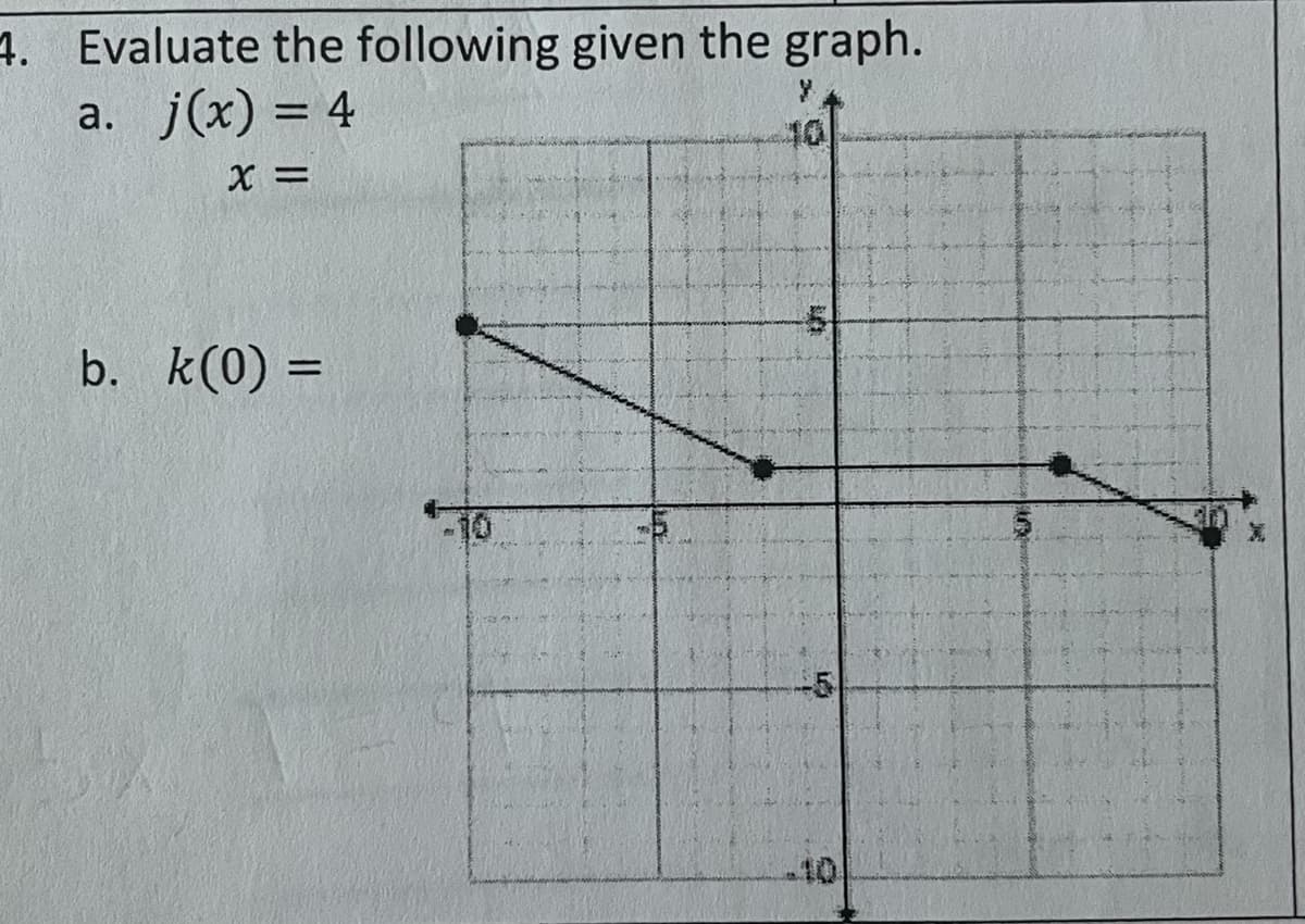 4. Evaluate the following given the graph.
a. j(x) = 4
%3D
10
X =
b. k(0) =
-5
-10
