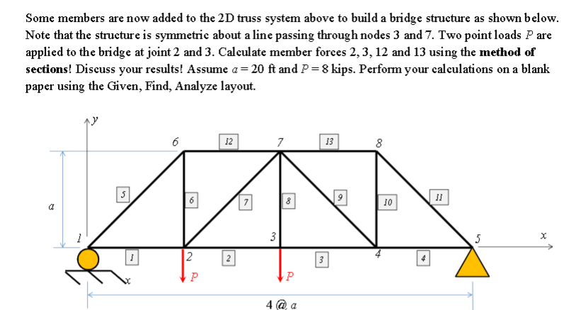 Some members are now added to the 2D truss system above to build a bridge structure as shown below.
Note that the structure is symmetrie about a line passing through nodes 3 and 7. Two point loads P are
applied to the bridge at joint 2 and 3. Caleulate member forces 2, 3, 12 and 13 using the method of
sections! Discuss your results! Assume a = 20 ft and P =8 kips. Perform your calculations on a blank
paper using the Given, Find, Analyze layout.
6
12
7
13
8
8
II
10
3
5
2
2
3
P
4 @ a
