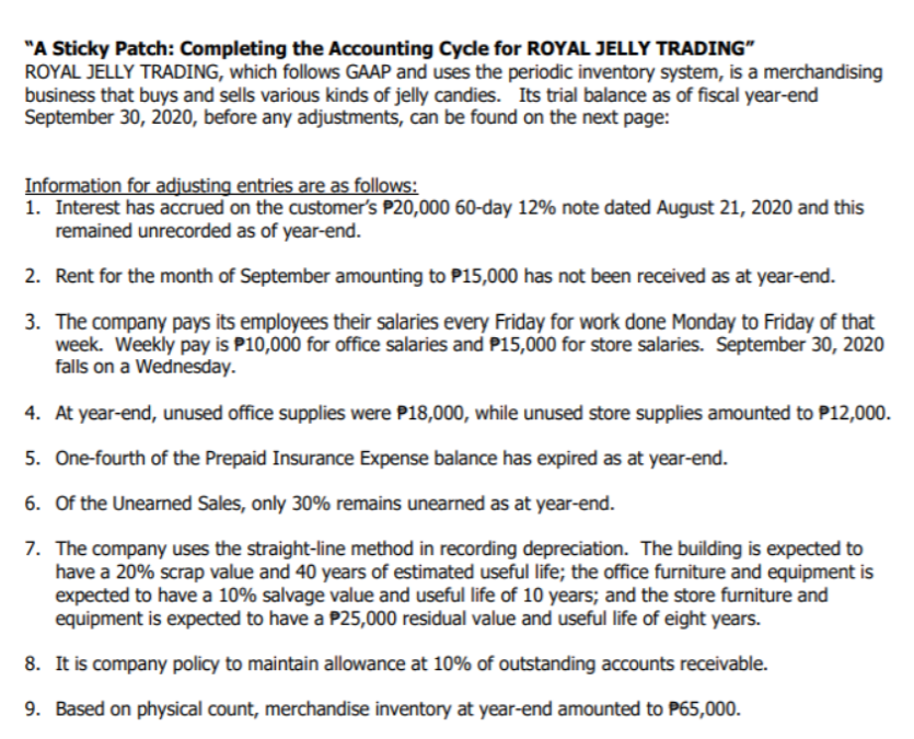 "A Sticky Patch: Completing the Accounting Cycle for ROYAL JELLY TRADING"
ROYAL JELLY TRADING, which follows GAAP and uses the periodic inventory system, is a merchandising
business that buys and sells various kinds of jelly candies. Its trial balance as of fiscal year-end
September 30, 2020, before any adjustments, can be found on the next page:
Information for adjusting entries are as follows:
1. Interest has accrued on the customer's P20,000 60-day 12% note dated August 21, 2020 and this
remained unrecorded as of year-end.
2. Rent for the month of September amounting to P15,000 has not been received as at year-end.
3. The company pays its employees their salaries every Friday for work done Monday to Friday of that
week. Weekly pay is P10,000 for office salaries and P15,000 for store salaries. September 30, 2020
falls on a Wednesday.
4. At year-end, unused office supplies were P18,000, while unused store supplies amounted to P12,000.
5. One-fourth of the Prepaid Insurance Expense balance has expired as at year-end.
6. Of the Unearned Sales, only 30% remains unearned as at year-end.
7. The company uses the straight-line method in recording depreciation. The building is expected to
have a 20% scrap value and 40 years of estimated useful life; the office furniture and equipment is
expected to have a 10% salvage value and useful life of 10 years; and the store furniture and
equipment is expected to have a P25,000 residual value and useful life of eight years.
8. It is company policy to maintain allowance at 10% of outstanding accounts receivable.
9. Based on physical count, merchandise inventory at year-end amounted to P65,000.

