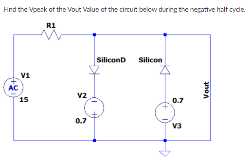 Find the Vpeak of the Vout Value of the circuit below during the negative half cycle.
R1
SiliconD
Silicon
V1
AC
V2
15
0.7
0.7
V3
Vout
