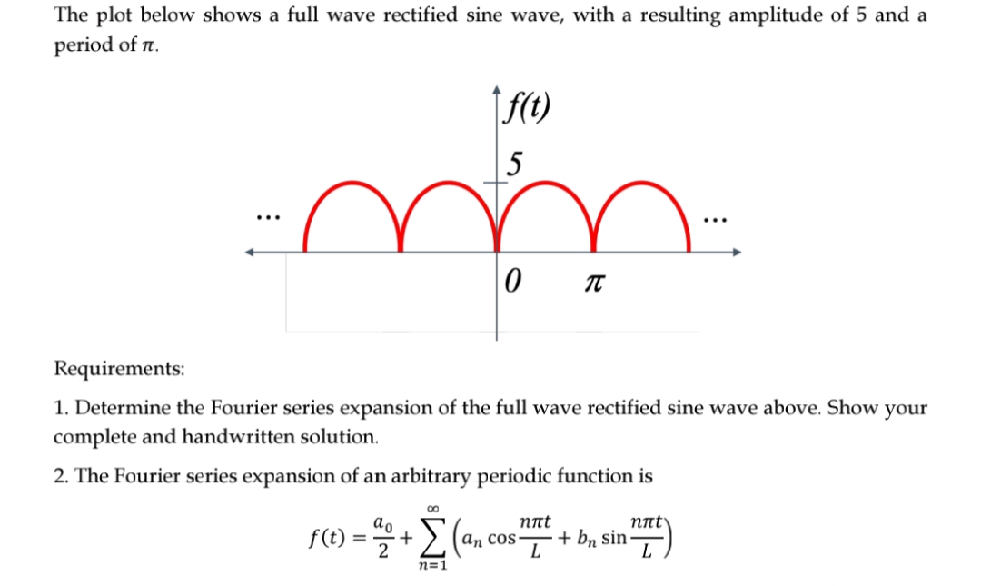 The plot below shows a full wave rectified sine wave, with a resulting amplitude of 5 and a
period of r.
|f(t)
5
Requirements:
1. Determine the Fourier series expansion of the full wave rectified sine wave above. Show your
complete and handwritten solution.
2. The Fourier series expansion of an arbitrary periodic function is
nnt
+ bn sin
ηπt
ao
f(t)
An cos
n=1
