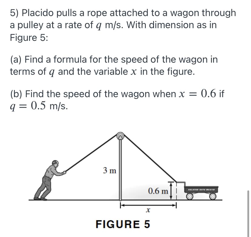 5) Placido pulls a rope attached to a wagon through
a pulley at a rate of q m/s. With dimension as in
Figure 5:
(a) Find a formula for the speed of the wagon in
terms of q and the variable x in the figure.
(b) Find the speed of the wagon when x = 0.6 if
q = 0.5 m/s.
3 m
0.6 m] !
FIGURE 5
