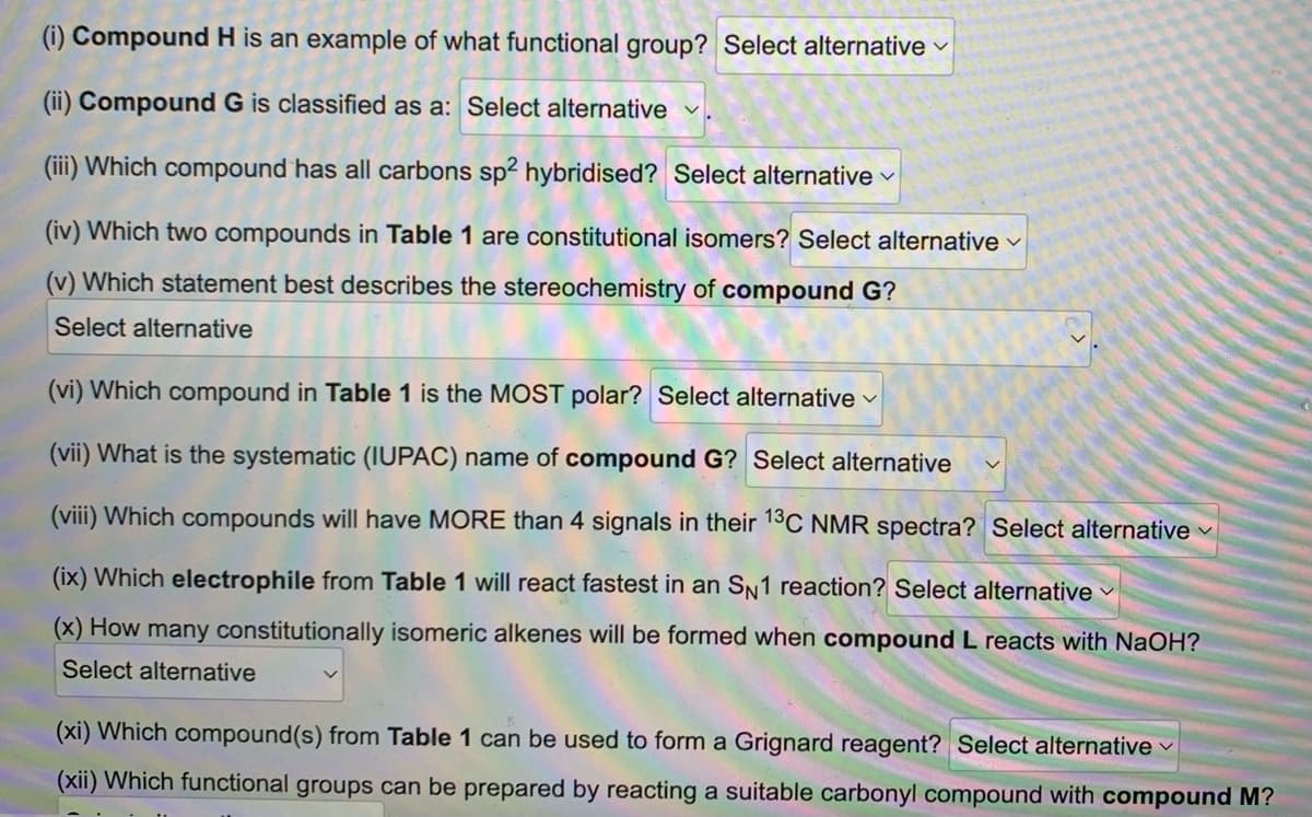 (i) Compound H is an example of what functional group? Select alternative
(ii) Compound G is classified as a: Select alternative
(iii) Which compound has all carbons sp2 hybridised? Select alternative
(iv) Which two compounds in Table 1 are constitutional isomers? Select alternative
(v) Which statement best describes the stereochemistry of compound G?
Select alternative
(vi) Which compound in Table 1 is the MOST polar? Select alternative ✓
(vii) What is the systematic (IUPAC) name of compound G? Select alternative
(viii) Which compounds will have MORE than 4 signals in their 13C NMR spectra? Select alternative
(ix) Which electrophile from Table 1 will react fastest in an SN1 reaction? Select alternative
(x) How many constitutionally isomeric alkenes will be formed when compound L reacts with NaOH?
Select alternative
(xi) Which compound(s) from Table 1 can be used to form a Grignard reagent? Select alternative
(xii) Which functional groups can be prepared by reacting a suitable carbonyl compound with compound M?