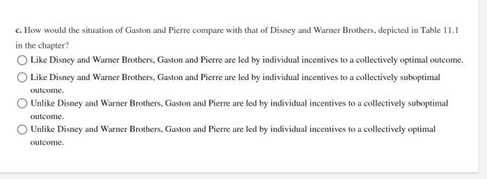 c. How would the situation of Gaston and Pierre compare with that of Disney and Warner Brothers, depicted in Table 11.1
in the chapter?
Like Disney and Warner Brothers, Gaston and Pierre are led by individual incentives to a collectively optimal outcome.
Like Disney and Warner Brothers, Gaston and Pierre are led by individual incentives to a collectively suboptimal
outcome.
Unlike Disney and Warner Brothers, Gaston and Pierre are led by individual incentives to a collectively suboptimal
outcome.
Unlike Disney and Warner Brothers, Gaston and Pierre are led by individual incentives to a collectively optimal
outcome.