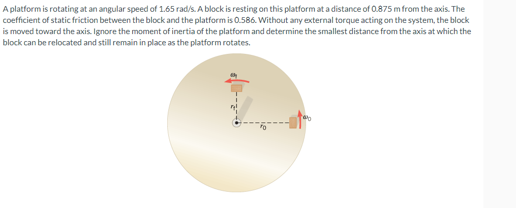 A platform is rotating at an angular speed of 1.65 rad/s. A block is resting on this platform at a distance of 0.875 m from the axis. The
coefficient of static friction between the block and the platform is 0.586. Without any external torque acting on the system, the block
is moved toward the axis. Ignore the moment of inertia of the platform and determine the smallest distance from the axis at which the
block can be relocated and still remain in place as the platform rotates.
00₁
@o