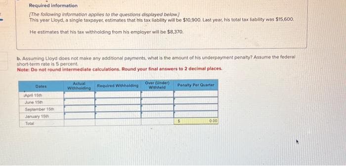Required information
[The following information applies to the questions displayed below.)
This year Lloyd, a single taxpayer, estimates that his tax liability will be $10,900. Last year, his total tax liability was $15,600.
He estimates that his tax withholding from his employer will be $8,370.
b. Assuming Lloyd does not make any additional payments, what is the amount of his underpayment penalty? Assume the federal
short-term rate is 5 percent.
Note: Do not round intermediate calculations. Round your final answers to 2 decimal places.
Dates
April 15th
June 15th
September 15th
January 15th
Total
Actual
Withholding
Required Withholding
Over (Under)
Withheld
Penalty Per Quarter
$
0.00