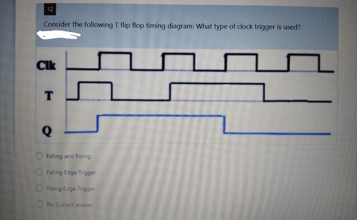 12
Consider the following T flip flop timing diagram: What type of clock trigger is used?
Clk
OFalling and Rising
Falling Edge Trigger
O Rising Edge Trigger
No Correct answer
