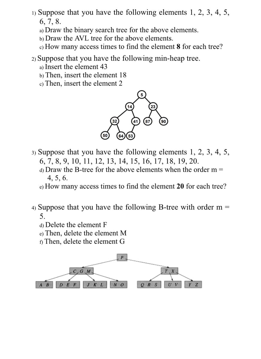 1) Suppose that you have the following elements 1, 2, 3, 4, 5,
6, 7, 8.
a) Draw the binary search tree for the above elements.
b) Draw the AVL tree for the above elements.
c) How many access times to find the element 8 for each tree?
2) Suppose that you have the following min-heap tree.
a) Insert the element 43
b) Then, insert the element 18
c) Then, insert the element 2
3) Suppose that
6, 7, 8, 9, 10, 11, 12, 13, 14, 15, 16, 17, 18, 19, 20.
d) Draw the B-tree for the above elements when the order m =
4, 5, 6.
e) How many access times to find the element 20 for each tree?
you
have the following elements 1, 2, 3, 4, 5,
4) Suppose that you have the following B-tree with order m =
5.
d) Delete the element F
e) Then, delete the element M
f) Then, delete the element G
C.G.M.
T X
AB
DEF
JKL
NO
QRS
U V
Y Z
