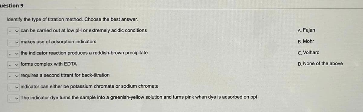 uestion 9
Identify the type of titration method. Choose the best answer.
✓ can be carried out at low pH or extremely acidic conditions
✓ makes use of adsorption indicators
✓the indicator reaction produces a reddish-brown precipitate
✓forms complex with EDTA
✓requires a second titrant for back-titration
✓indicator can either be potassium chromate or sodium chromate
✓ The indicator dye turns the sample into a greenish-yellow solution and turns pink when dye is adsorbed on ppt
A. Fajan
B. Mohr
C. Volhard
D. None of the above