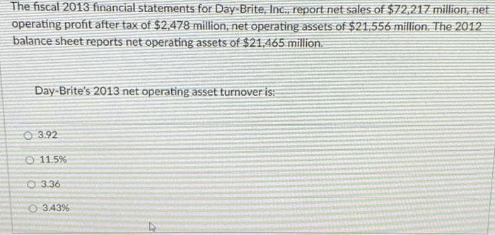 The fiscal 2013 financial statements for Day-Brite, Inc., report net sales of $72,217 million, net
operating profit after tax of $2,478 million, net operating assets of $21,556 million. The 2012
balance sheet reports net operating assets of $21,465 million.
Day-Brite's 2013 net operating asset turnover is:
3.92
11.5%
3.36
3.43%