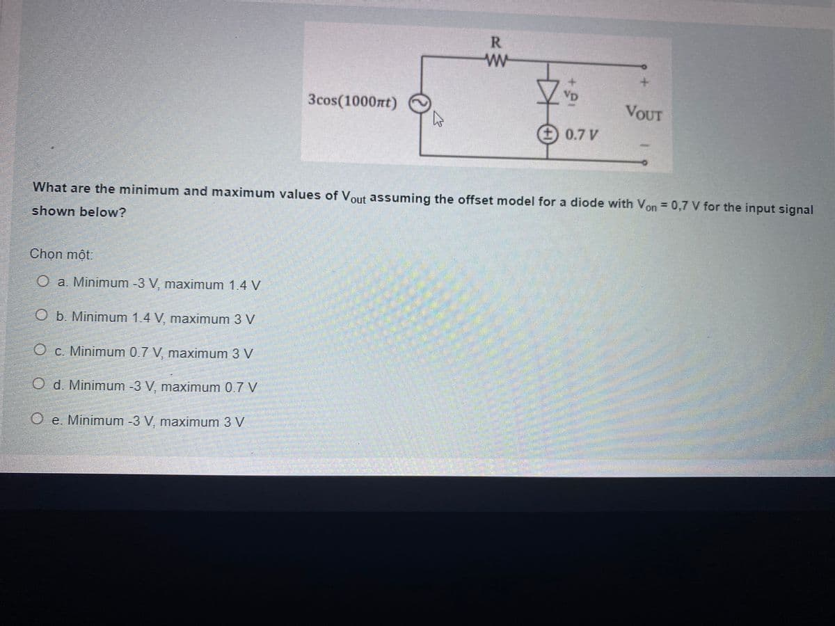 R
VD
3cos(1000nt)
VOUT
0.7 V
What are the minimum and maximum values of Vout assuming the offset model for a diode with Von = 0,7 V for the input signal
shown below?
Chọn một:
O a. Minimum -3 V, maximum 1.4 V
O b. Minimum 1.4 V, maximum 3 V
O c. Minimum 0.7 V, maximum 3 V
O d. Minimum -3 V maximum 0.7 V
O e. Minimum -3 V, maximum 3 V
